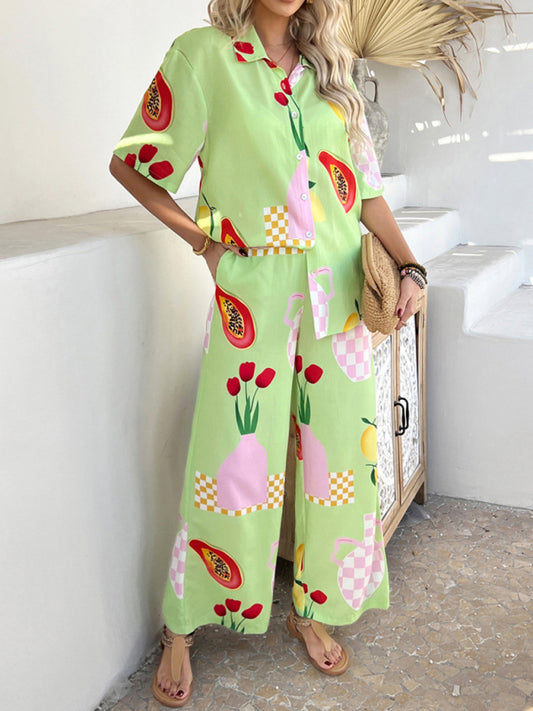 Matching Vacation Set - Casual Bohemian Holiday Style Contrast Print Wide Leg Trousers Set