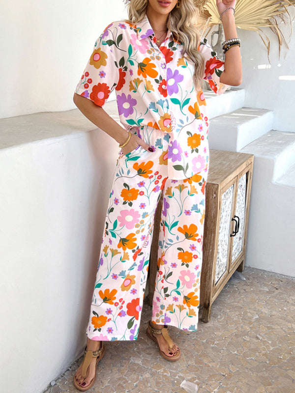 Matching Vacation Set - Casual Bohemian Holiday Style Contrast Print Wide Leg Trousers Set