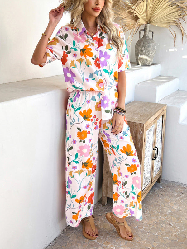 Matching Vacation Set - Casual Bohemian Holiday Style Contrast Print Wide Leg Trousers Set