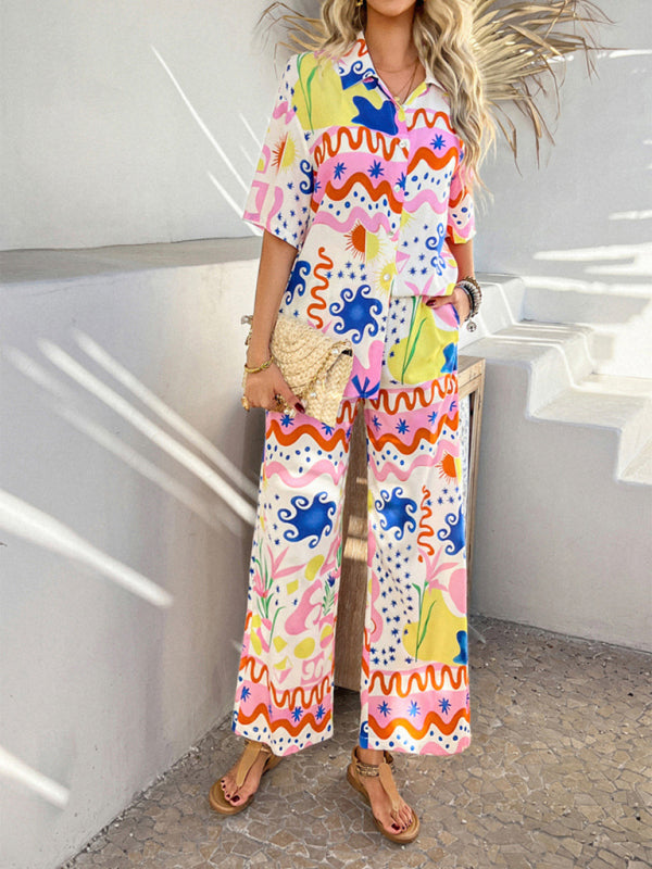 Matching Vacation Set - Casual Bohemian Holiday Style Contrast Print Wide Leg Trousers Set