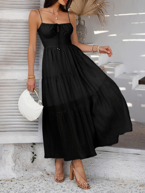 Casual Dresses - Holiday style solid color high waist suspender dress