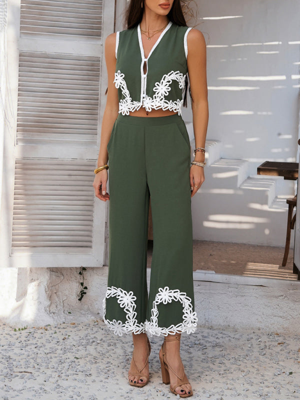 Matching Vacation Set - Holiday-inspired Bohemian geometric contrast trouser suit