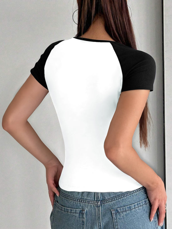 T-Shirts - Y2K Sexy Slim Fit U-Neck Contrast Color Short Sleeve Top Women's T-Shirt