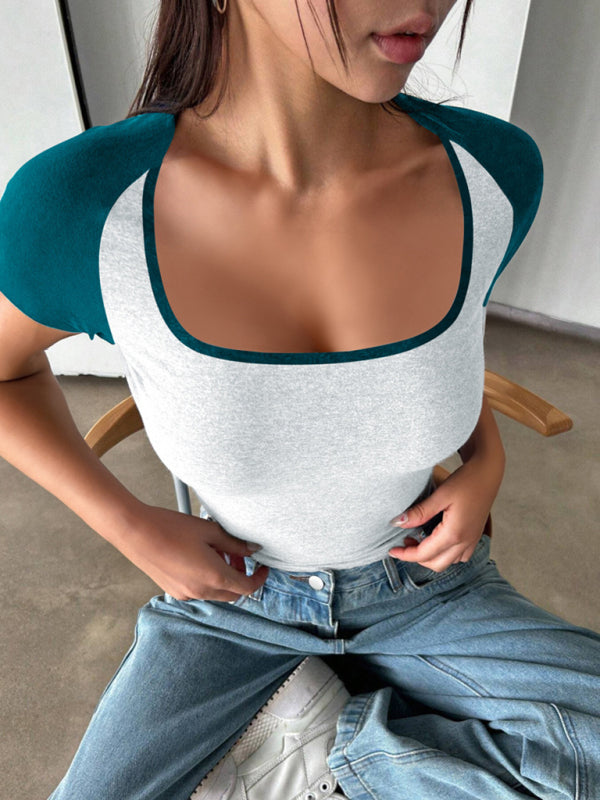 T-Shirts - Y2K Sexy Slim Fit U-Neck Contrast Color Short Sleeve Top Women's T-Shirt