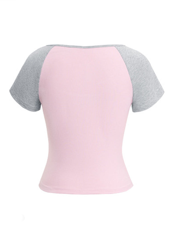 T-Shirts - Y2K Sexy Slim Fit U-Neck Contrast Color Short Sleeve Top Women's T-Shirt