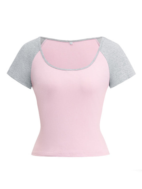 T-Shirts - Y2K Sexy Slim Fit U-Neck Contrast Color Short Sleeve Top Women's T-Shirt