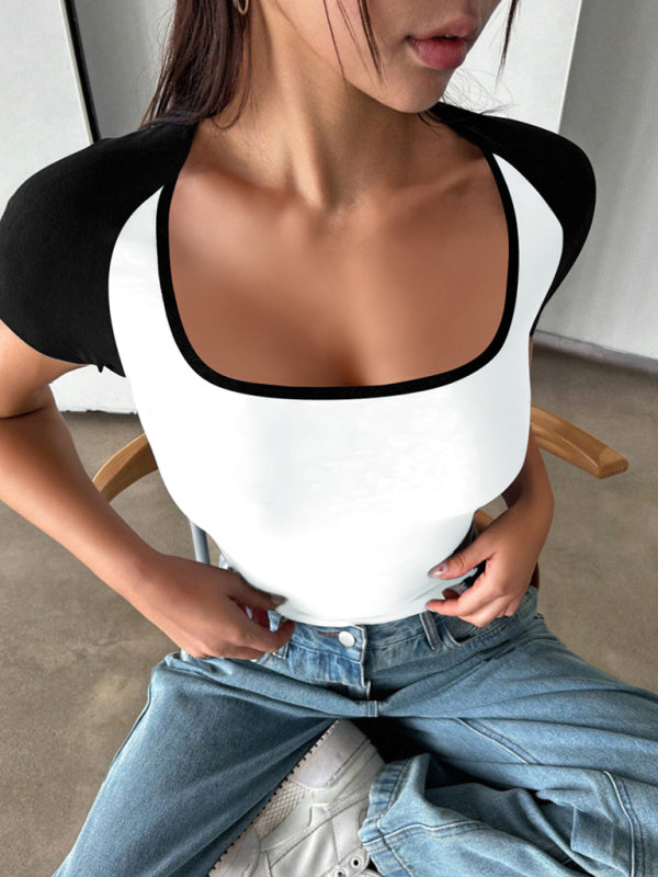 T-Shirts - Y2K Sexy Slim Fit U-Neck Contrast Color Short Sleeve Top Women's T-Shirt