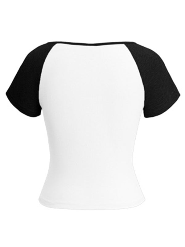 T-Shirts - Y2K Sexy Slim Fit U-Neck Contrast Color Short Sleeve Top Women's T-Shirt
