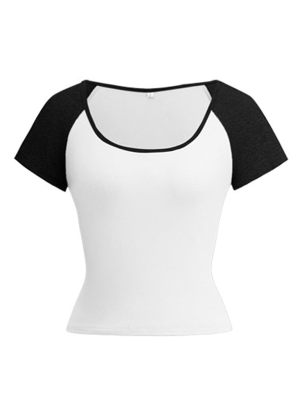T-Shirts - Y2K Sexy Slim Fit U-Neck Contrast Color Short Sleeve Top Women's T-Shirt