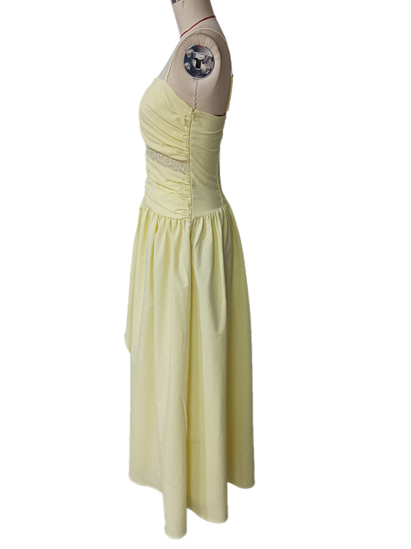 Cocktail Dresses - Mesh stitching suspender ruffle dress