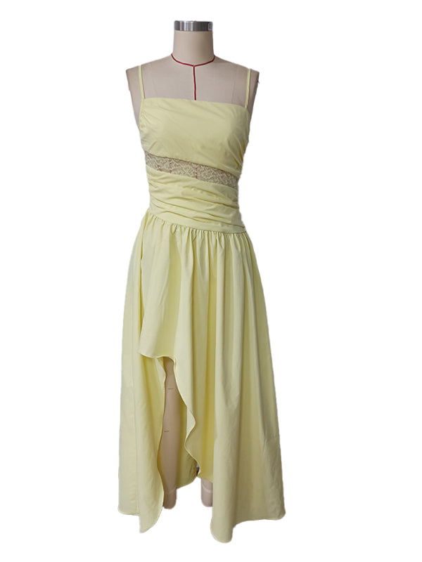 Cocktail Dresses - Mesh stitching suspender ruffle dress