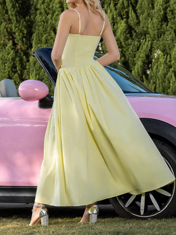 Cocktail Dresses - Mesh stitching suspender ruffle dress