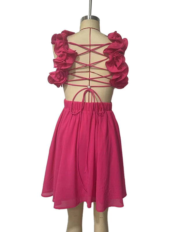 Cutout Dresses - Hollow lace halter back short dress