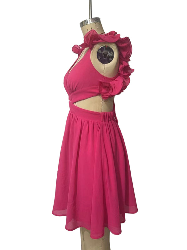 Cutout Dresses - Hollow lace halter back short dress