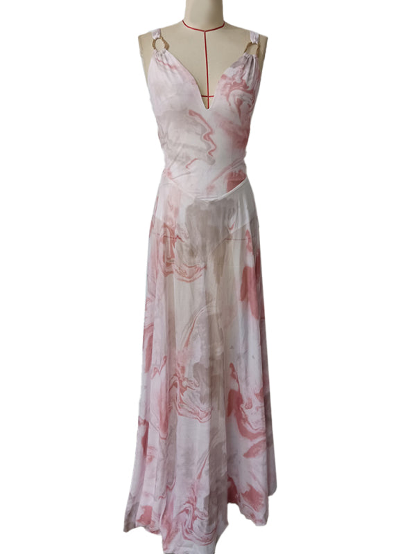 Cocktail Dresses - V-neck suspenders mesh print semi-transparent V-neck long dress