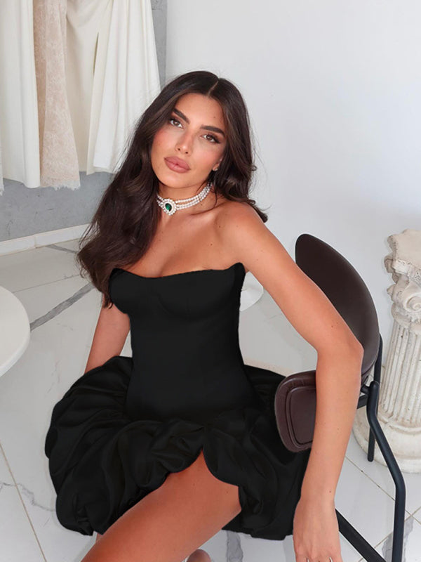 Strapless Dresses - Sexy Slim Fit Tube Top Gathered A-Line Dress