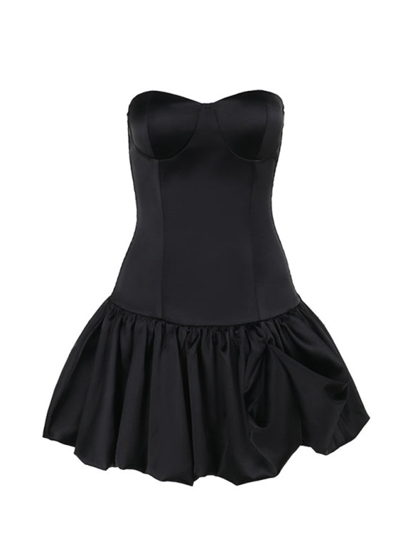 Strapless Dresses - Sexy Slim Fit Tube Top Gathered A-Line Dress