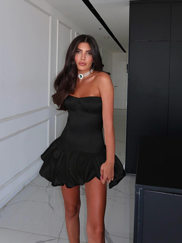 Strapless Dresses - Sexy Slim Fit Tube Top Gathered A-Line Dress