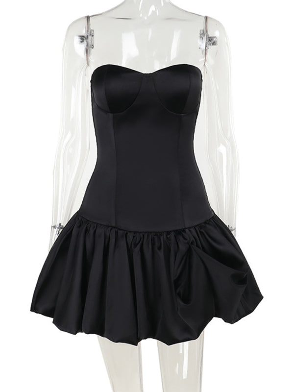 Strapless Dresses - Sexy Slim Fit Tube Top Gathered A-Line Dress