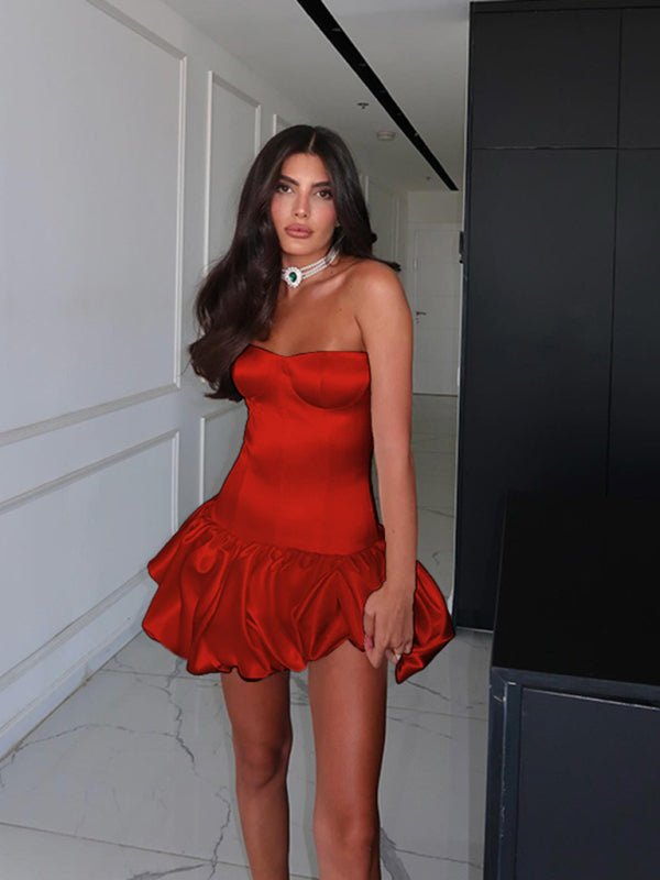 Strapless Dresses - Sexy Slim Fit Tube Top Gathered A-Line Dress