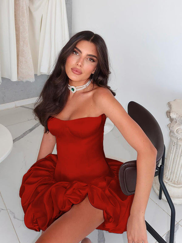 Strapless Dresses - Sexy Slim Fit Tube Top Gathered A-Line Dress