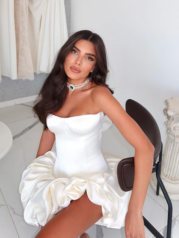 Strapless Dresses - Sexy Slim Fit Tube Top Gathered A-Line Dress