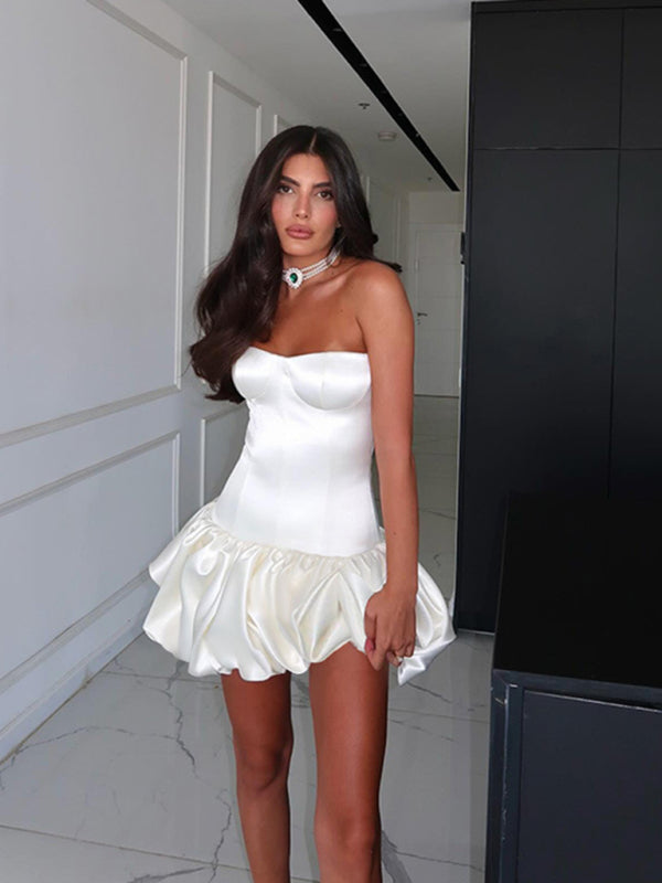 Strapless Dresses - Sexy Slim Fit Tube Top Gathered A-Line Dress