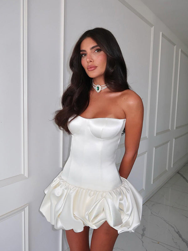 Strapless Dresses - Sexy Slim Fit Tube Top Gathered A-Line Dress