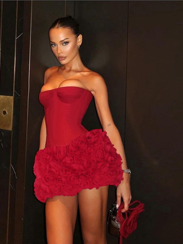Strapless Dresses - Sexy 3D Flower Texture Tube Top Dress