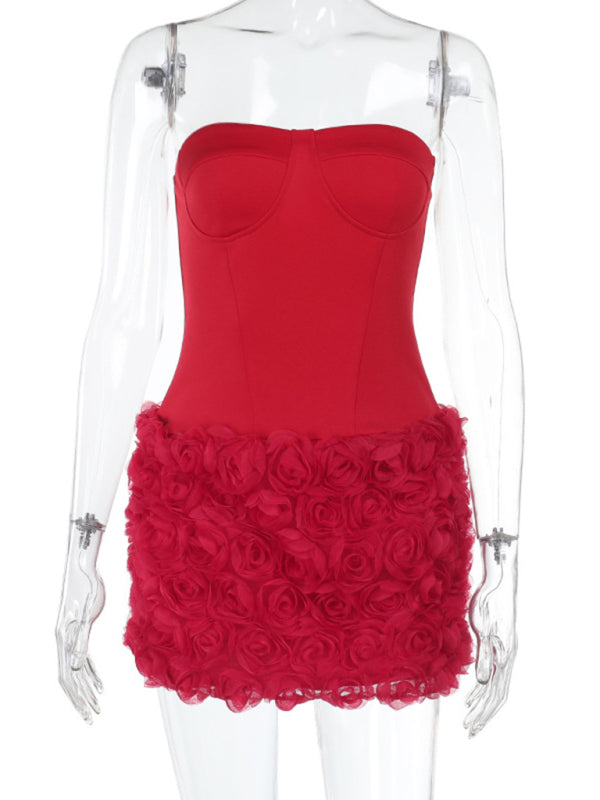 Strapless Dresses - Sexy 3D Flower Texture Tube Top Dress