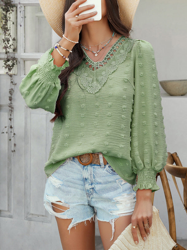 Blouses - Casual holiday style solid color jacquard olive long sleeve shirt