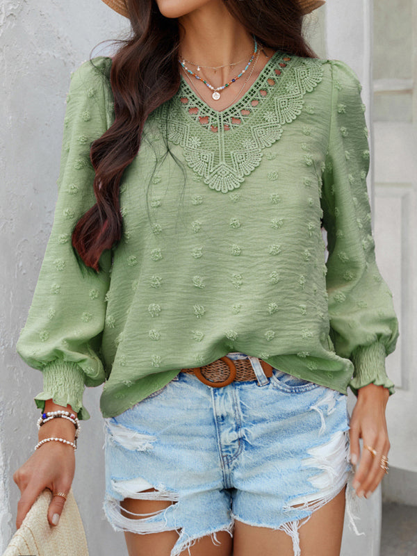 Blouses - Casual holiday style solid color jacquard olive long sleeve shirt