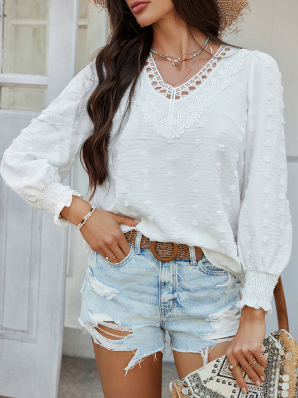 Blouses - Casual holiday style solid color jacquard olive long sleeve shirt