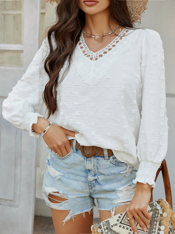 Blouses - Casual holiday style solid color jacquard olive long sleeve shirt