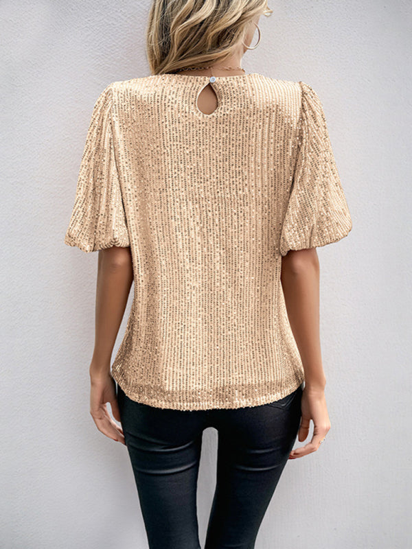 Blouses - Puff Sleeve Round Neck Solid Color Sequin T-Shirt