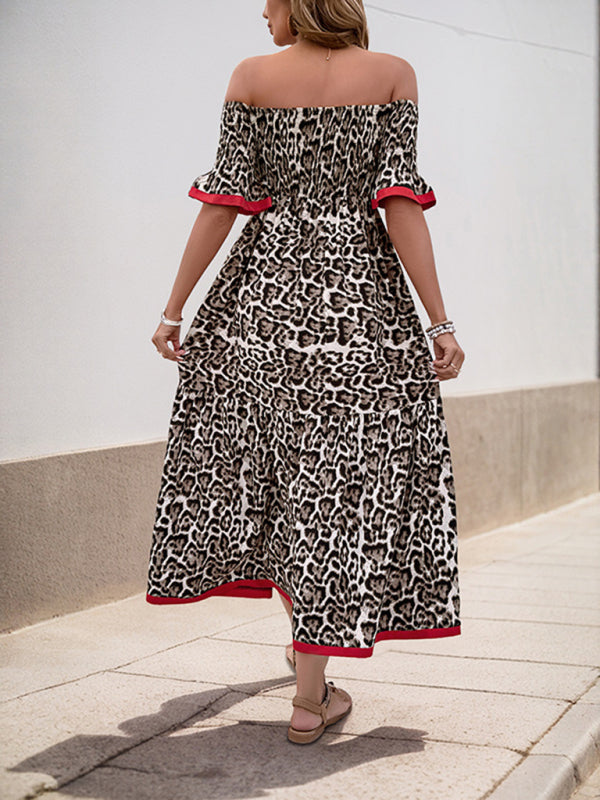 Casual Dresses - Leopard print dress with ruffled sleeves and boat neckline