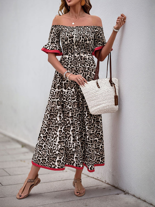 Casual Dresses - Leopard print dress with ruffled sleeves and boat neckline