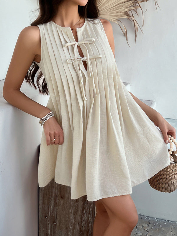 Casual Dresses - Casual holiday style solid color lace up pleated sleeveless dress