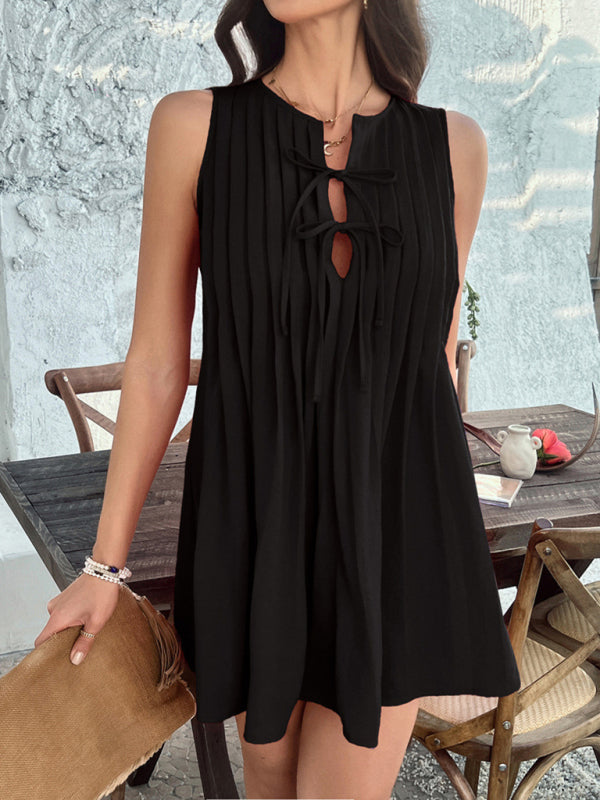 Casual Dresses - Casual holiday style solid color lace up pleated sleeveless dress