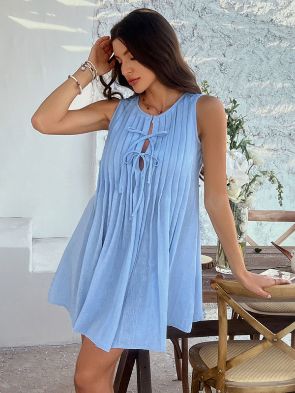 Casual Dresses - Casual holiday style solid color lace up pleated sleeveless dress