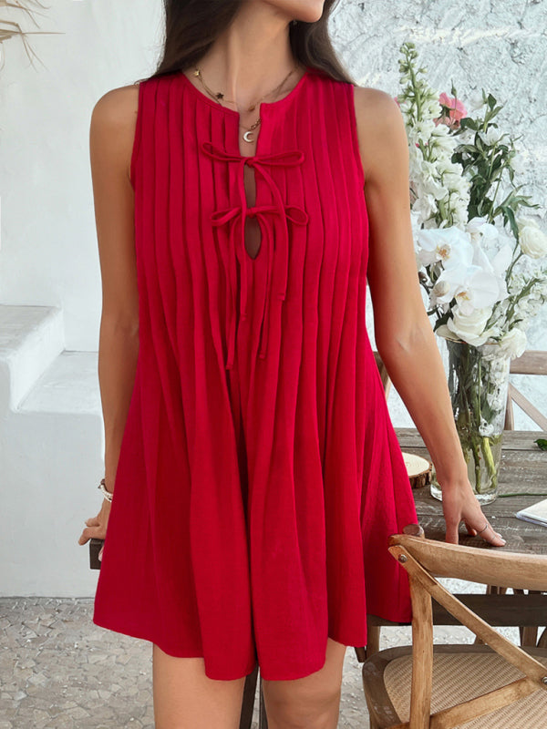 Casual Dresses - Casual holiday style solid color lace up pleated sleeveless dress
