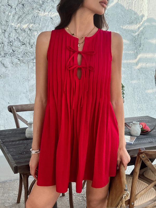 Casual Dresses - Casual holiday style solid color lace up pleated sleeveless dress