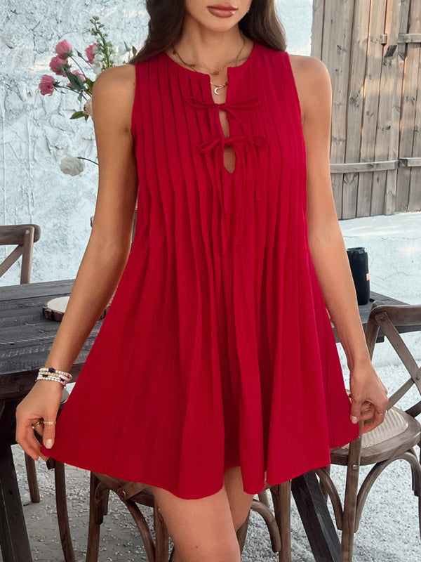 Casual Dresses - Casual holiday style solid color lace up pleated sleeveless dress