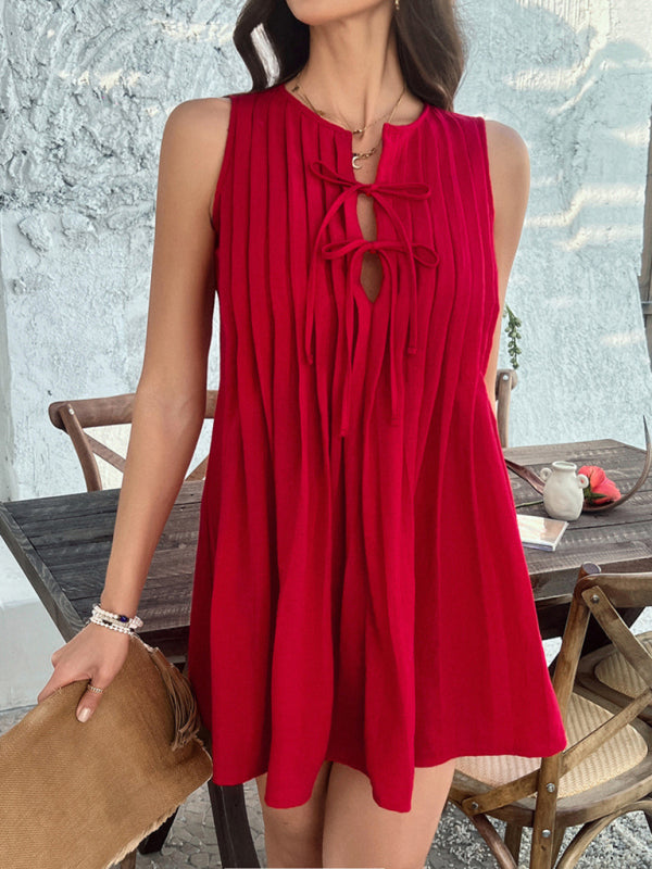 Casual Dresses - Casual holiday style solid color lace up pleated sleeveless dress
