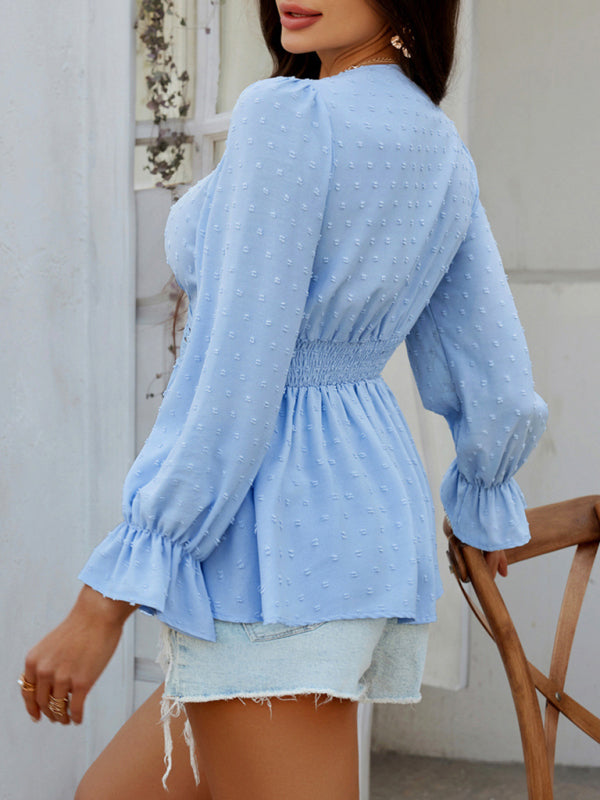 Blouses - Casual holiday style V-neck solid color tie waist top shirt