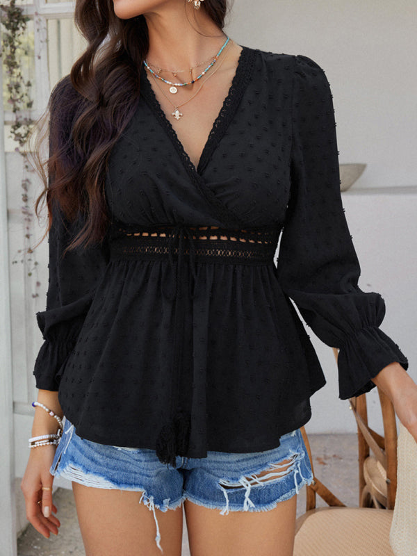 Blouses - Casual holiday style V-neck solid color tie waist top shirt