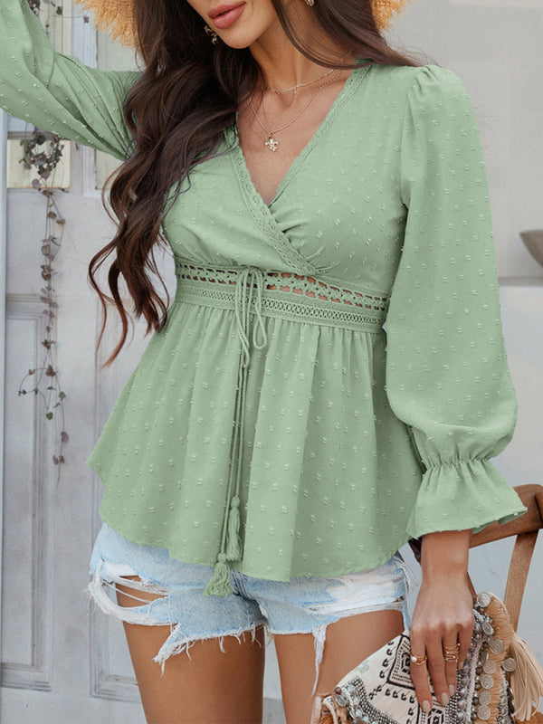 Blouses - Casual holiday style V-neck solid color tie waist top shirt