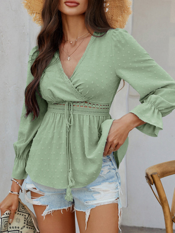 Blouses - Casual holiday style V-neck solid color tie waist top shirt