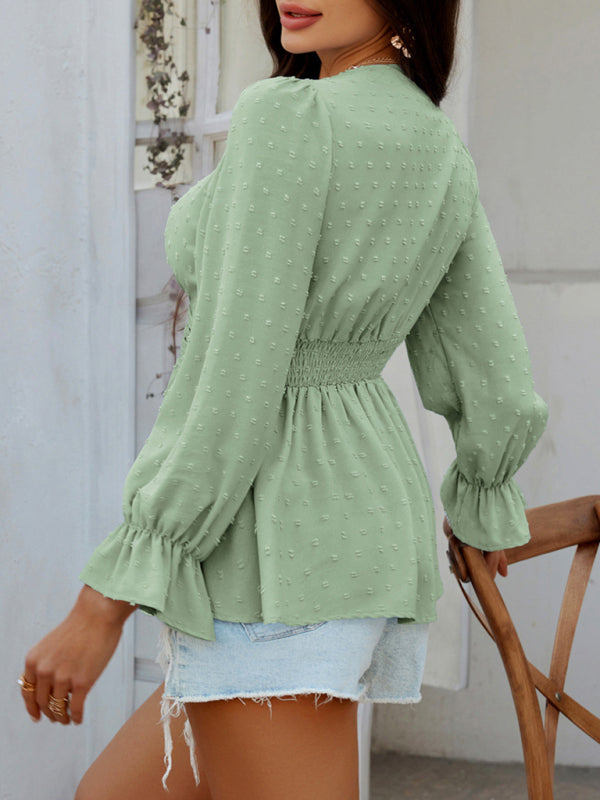 Blouses - Casual holiday style V-neck solid color tie waist top shirt