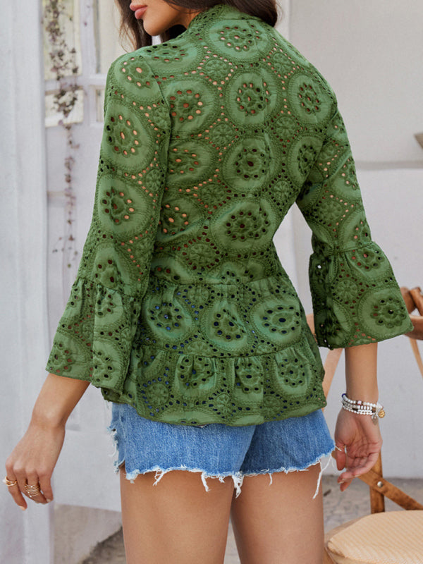 Blouses - Solid color hollow v-neck three-quarter sleeve shirt